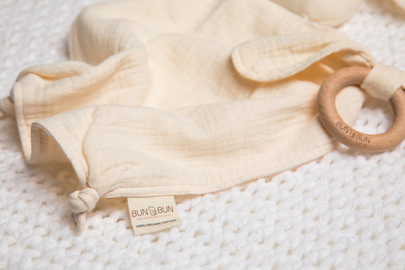 Organic Baby Comforter Lovey + Wooden Teething Ring